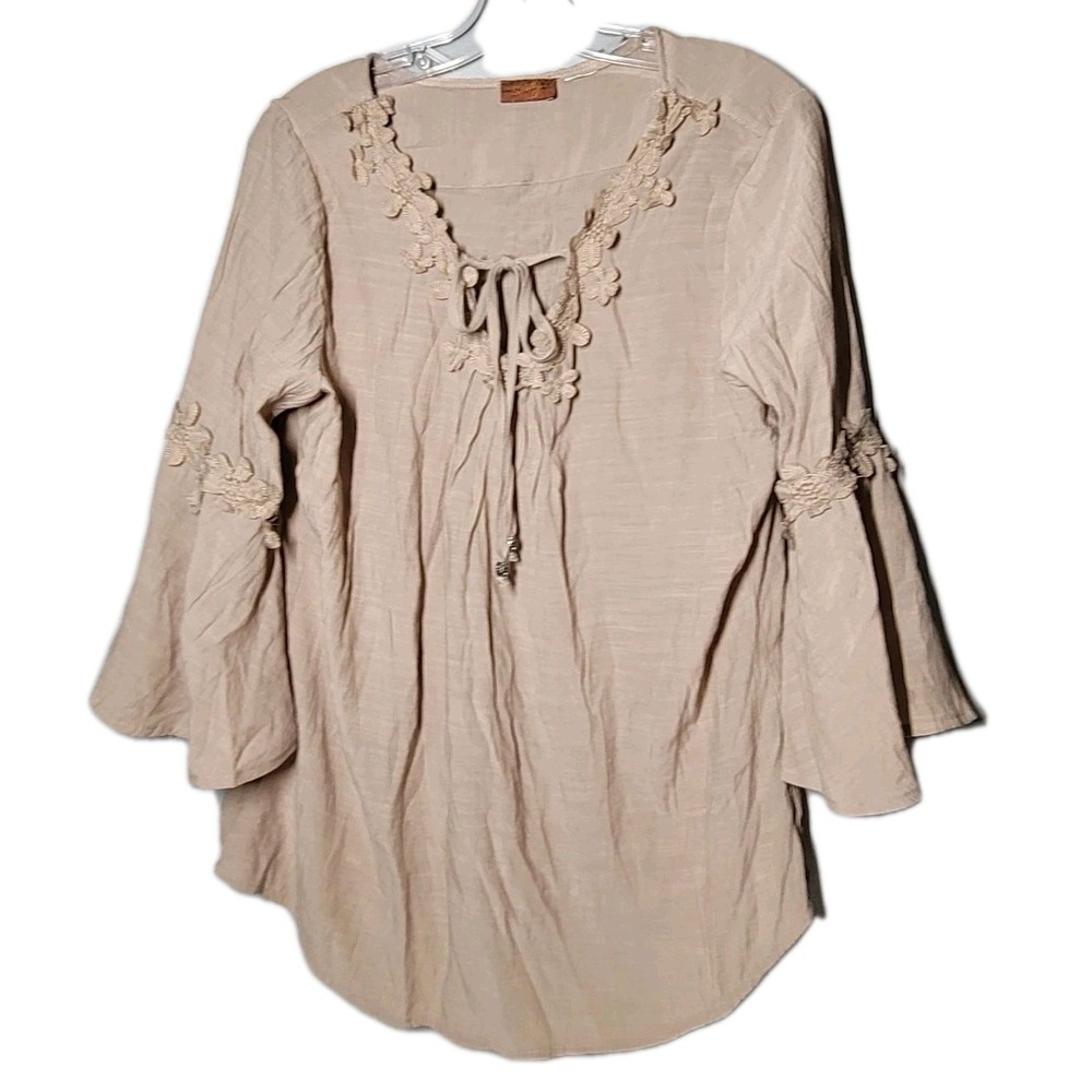 Scully Women's Medium Tan Crochet Floral Blouse Boho Festival Rayon Top